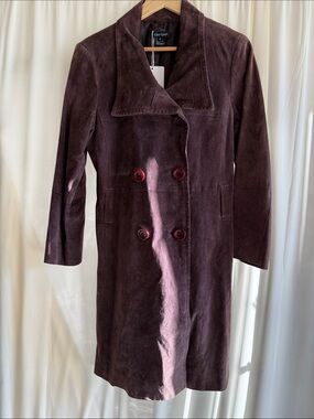 Karen Kane Genuine Suede Longline Coat | Plum Double-Breasted Jacket